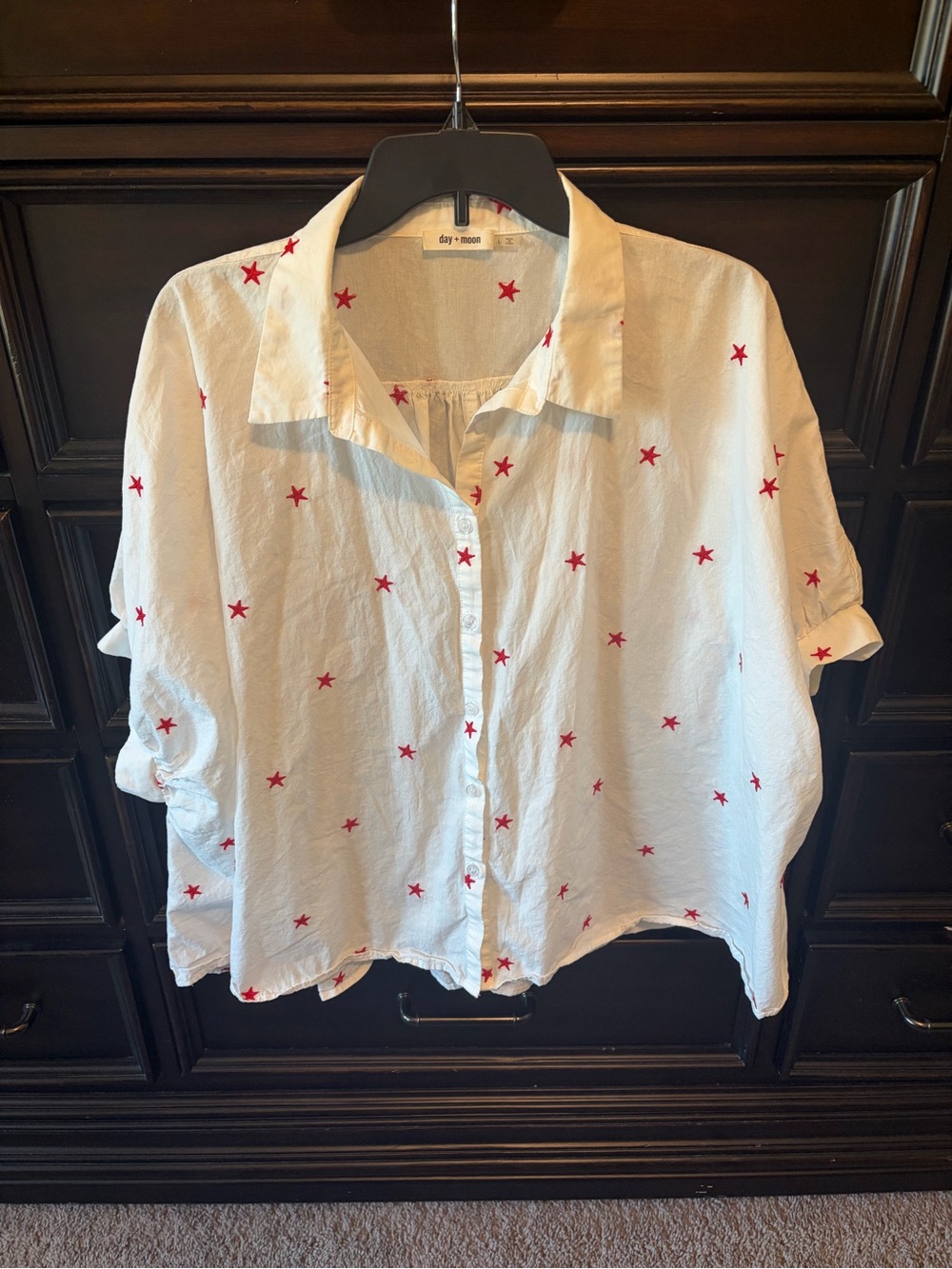 White Button-Down Shirt with Red Star Embroidery